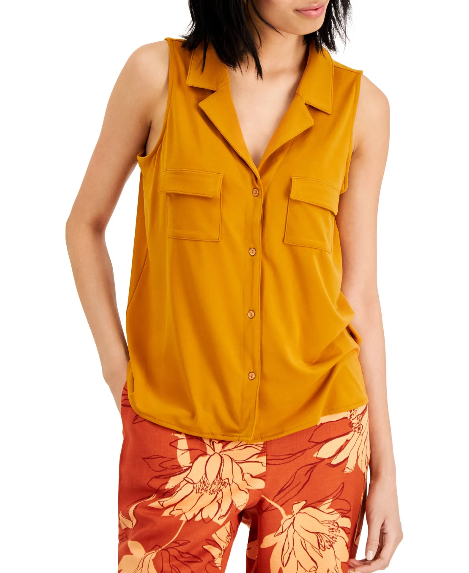 Women's Solid Button-Down Collared V-Neck Knit Top