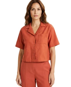 Women's Solid Button-Down Notched-Collar Cropped Shirt