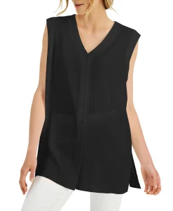 Women's Solid Button-Down V-Neck Tunic Top