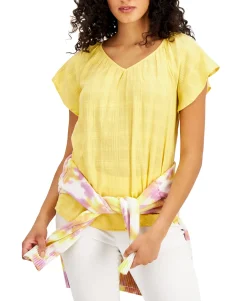 Women's Solid Flutter-Sleeve V-Neck Top