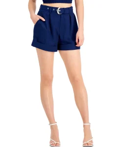 Women's Solid High-Waist Pleat-Front Belted Shorts