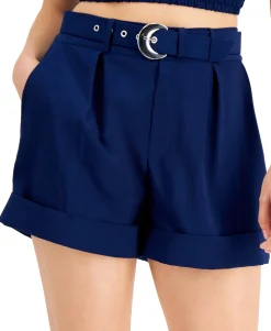 Women's Solid High-Waist Pleat-Front Belted Shorts