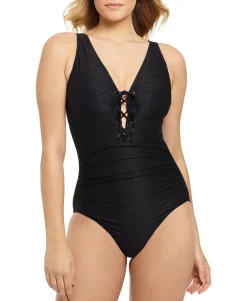 Women's Solid Textured Lace-Front One-Piece Swimsuit