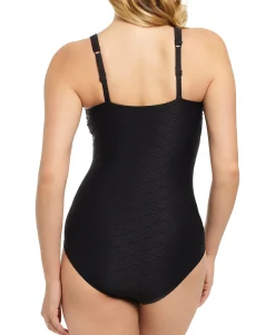 Women's Solid Textured Lace-Front One-Piece Swimsuit