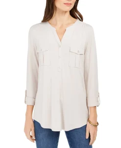 Women's Split-Neck Roll-Tab-Sleeve Top