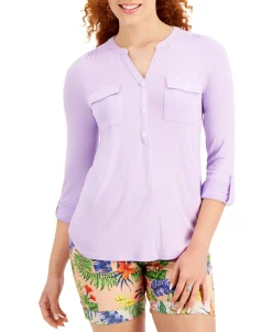 Women's Split-Neck Roll-Tab-Sleeve Top