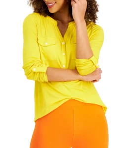 Women's Split-Neck Roll-Tab-Sleeve Top