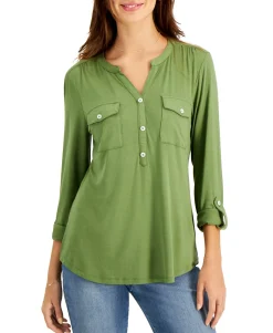 Women's Split-Neck Roll-Tab-Sleeve Top