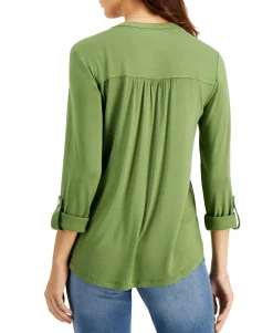 Women's Split-Neck Roll-Tab-Sleeve Top