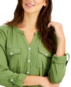 Women's Split-Neck Roll-Tab-Sleeve Top