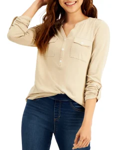 Women's Split-Neck Roll-Tab-Sleeve Top