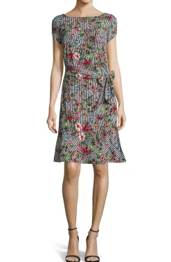 Women's Stripe & Floral Print Flounce Hem Dress