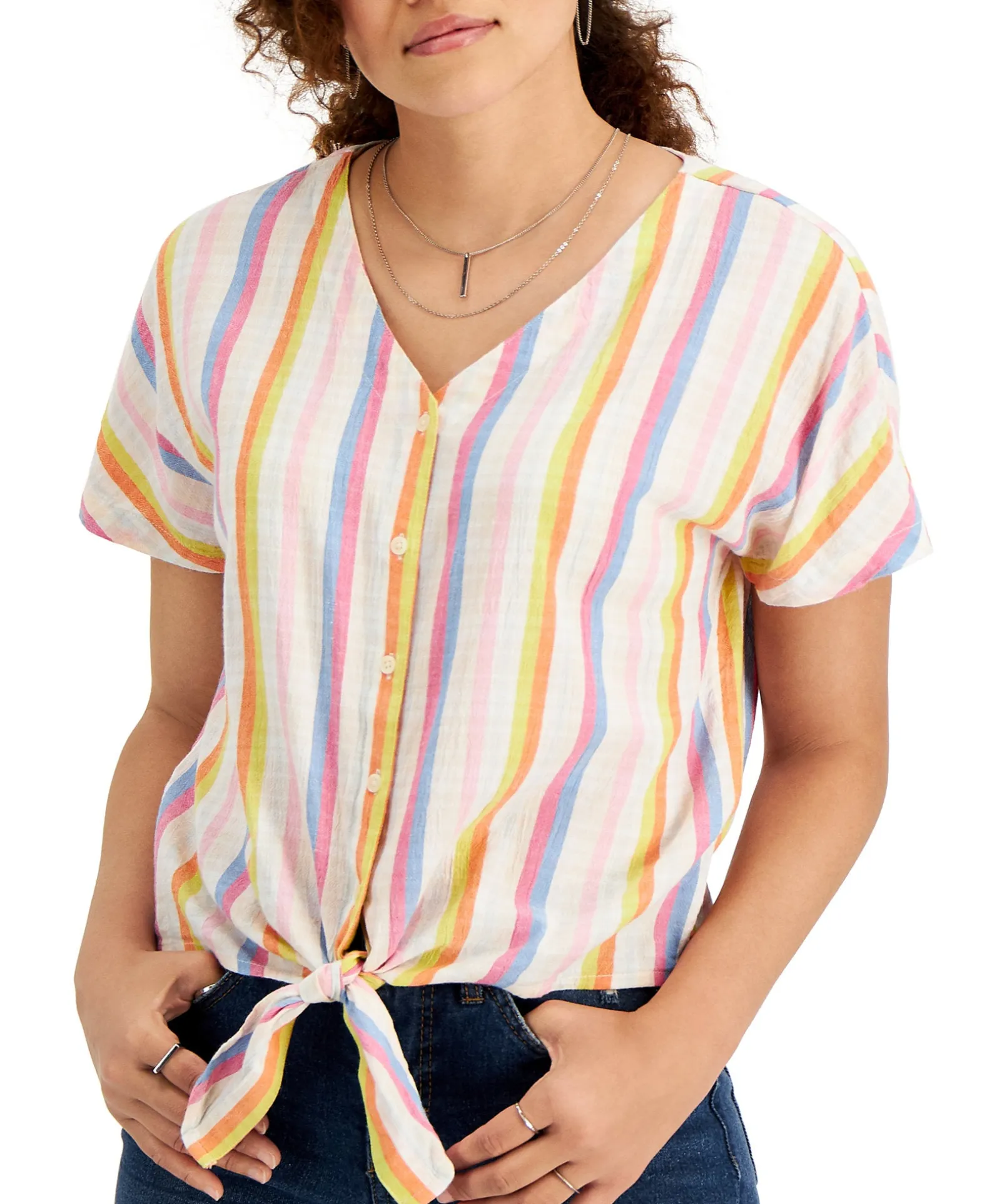 Women's Striped Tie-Front Gauze Top