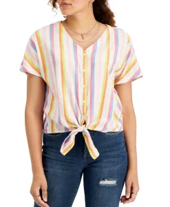 Women's Striped Tie-Front Gauze Top