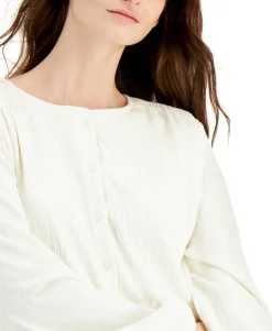 Women's Textured Balloon-Sleeve Button-Front Top