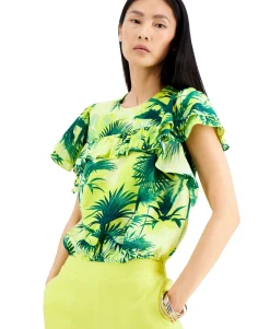 Women's Tropical-Print Ruffle Top