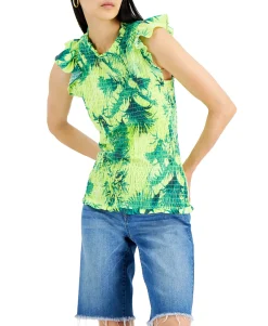 Women's Tropical-Print Smocked Tank Top