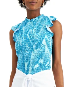 Women's Tropical-Print Smocked Top