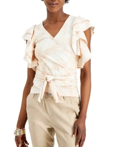 Women's Wrap-Style Flutter-Sleeve Cotton Top